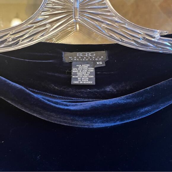 NEW BCBGMaxAzria Navy Velvet Silk Long Sleeve Boatneck Longline Top Sz XS NWOT - Picture 5 of 14